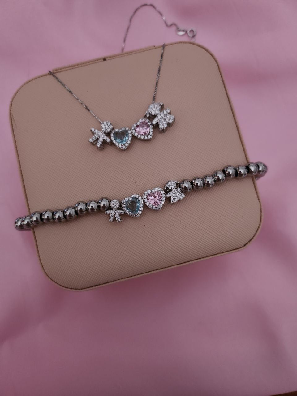 SET collana e bracciale baby con bimbi e cuori interni - argento 925
