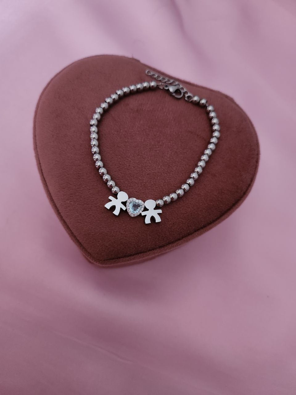 Bracciale perline con due bebè + cuore acquamarina