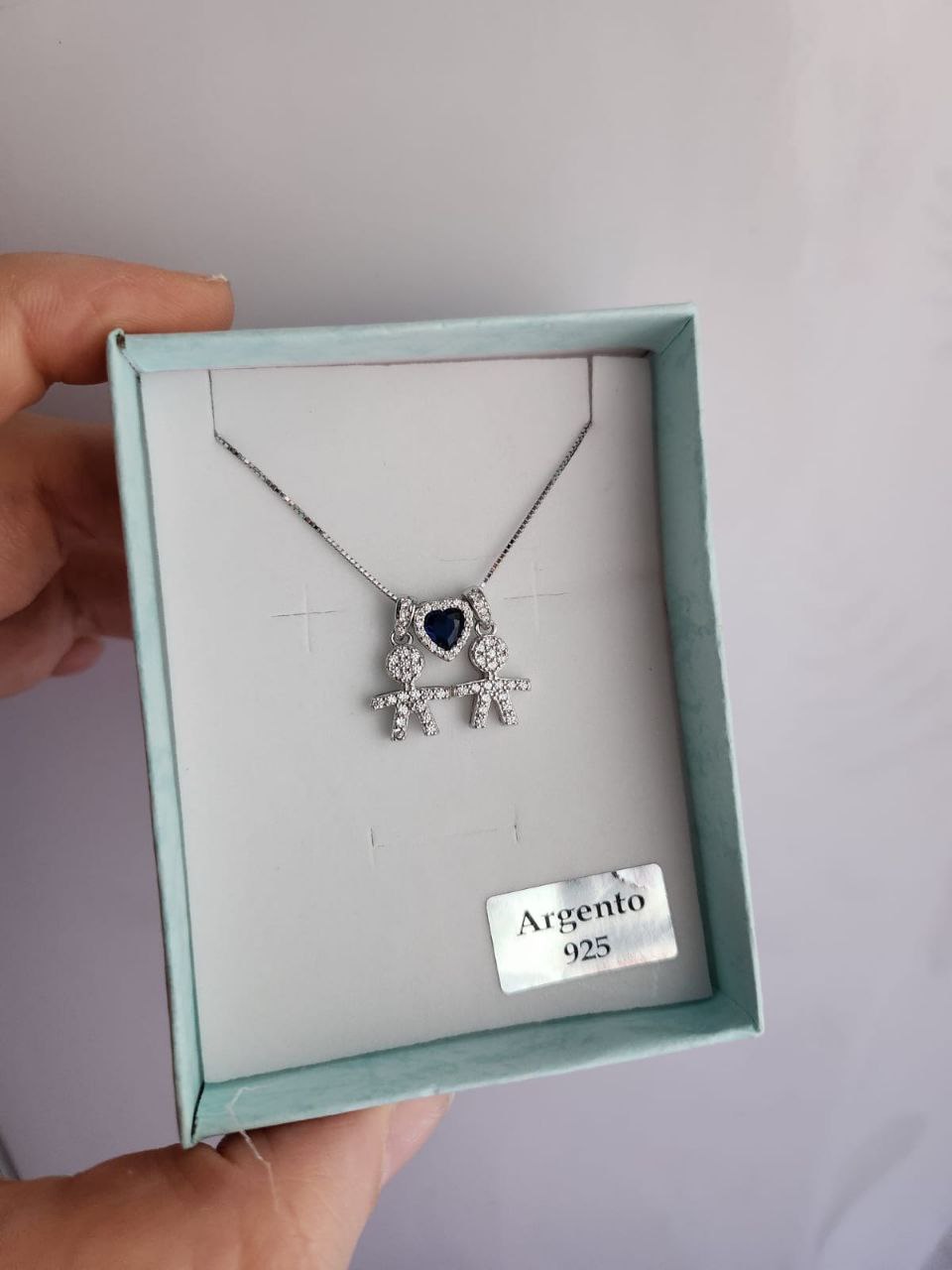 Collana con bimbo maxi pendente + cuore blu + bimbo maxi pendente - argento 925