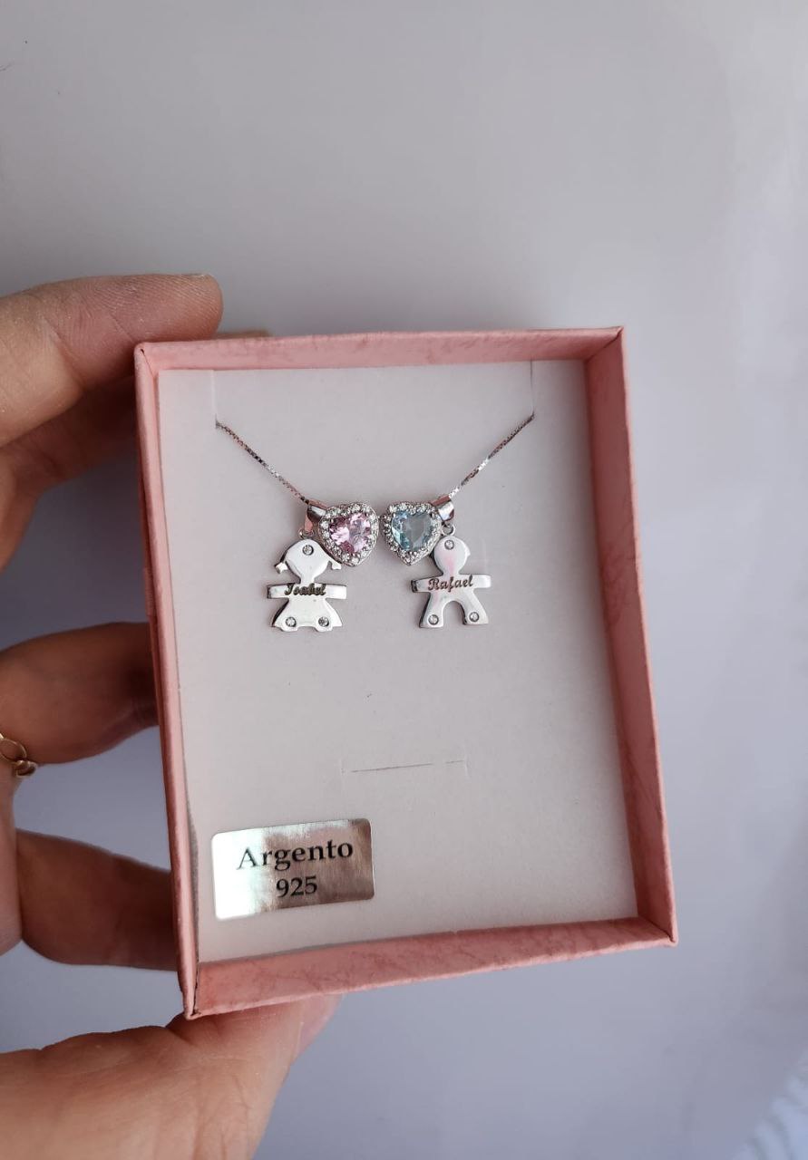 Collana con due bebè personalizzati + due cuori maxi acquamarina e rosa-argento 925