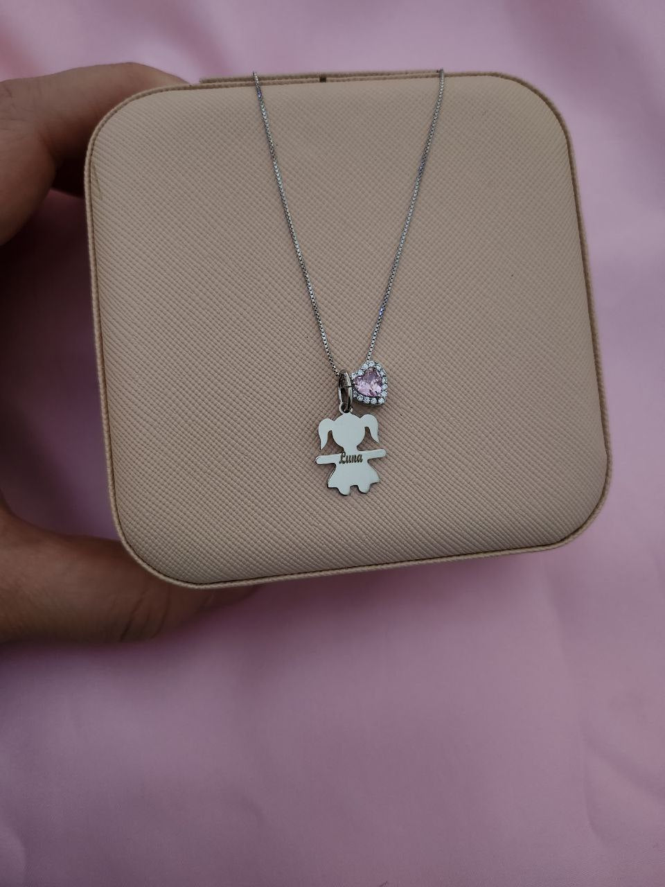 Collana con bimba personalizzata e cuore rosa - argento 925