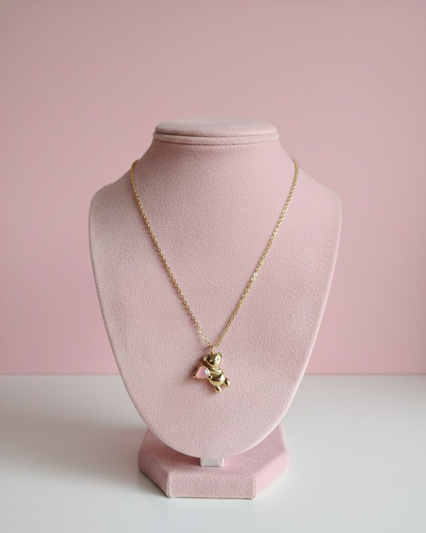 Collana oro con orsetto e cuoricino rosa