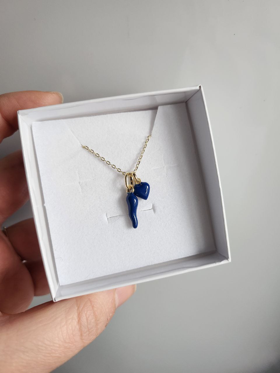 Collana con corno e cuore bombato blu - argento 925 oro