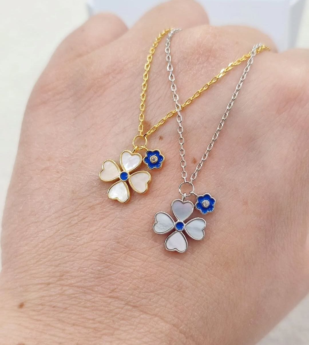 Collana quadrifoglio madreperla con occhio turco - argento 925