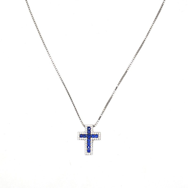 Collana croce con zirconi blu zaffiro - argento 925 placcato oro bianco