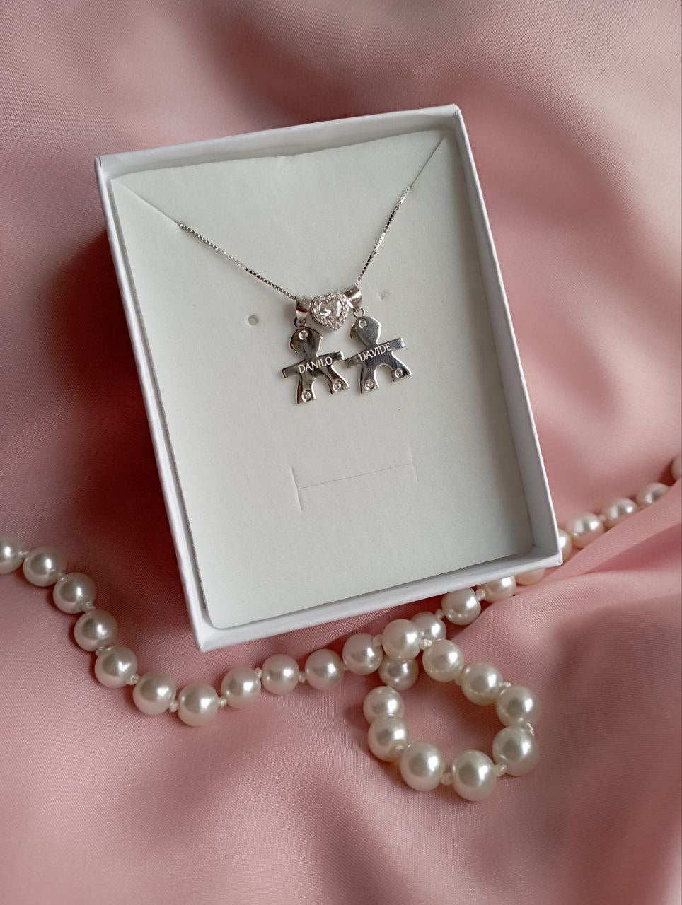 Collana bimbi e cuore bianco con personalizzazione - argento 925