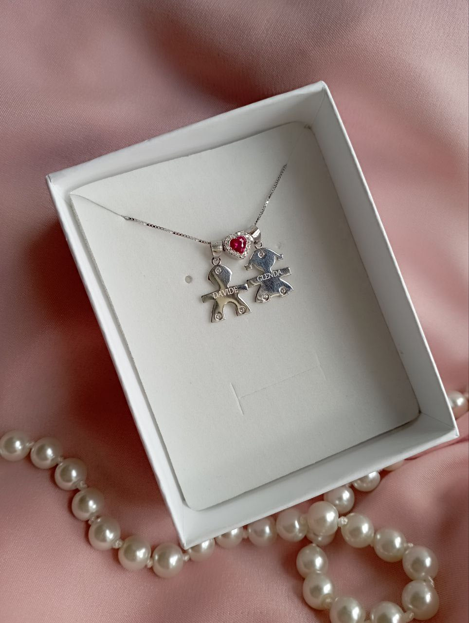 Collana bimbo cuore fucsia e bimba - argento 925