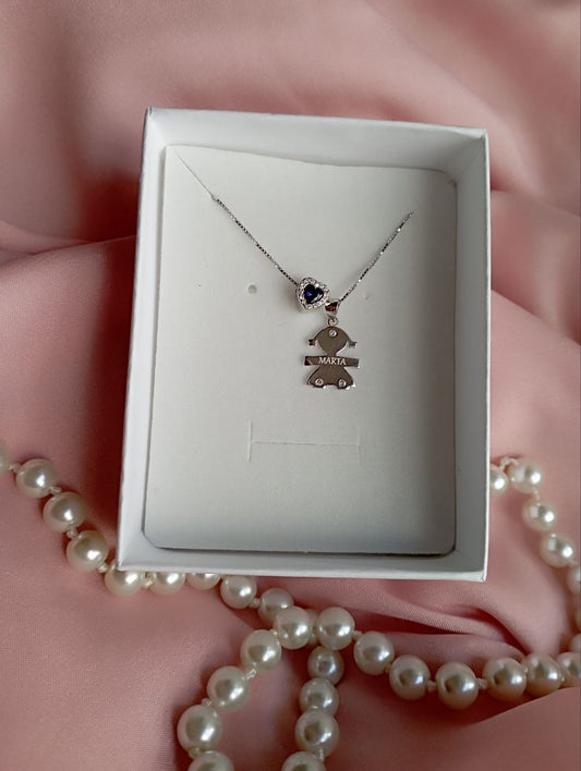 Collana bimba personalizzata con core blu - argento 925