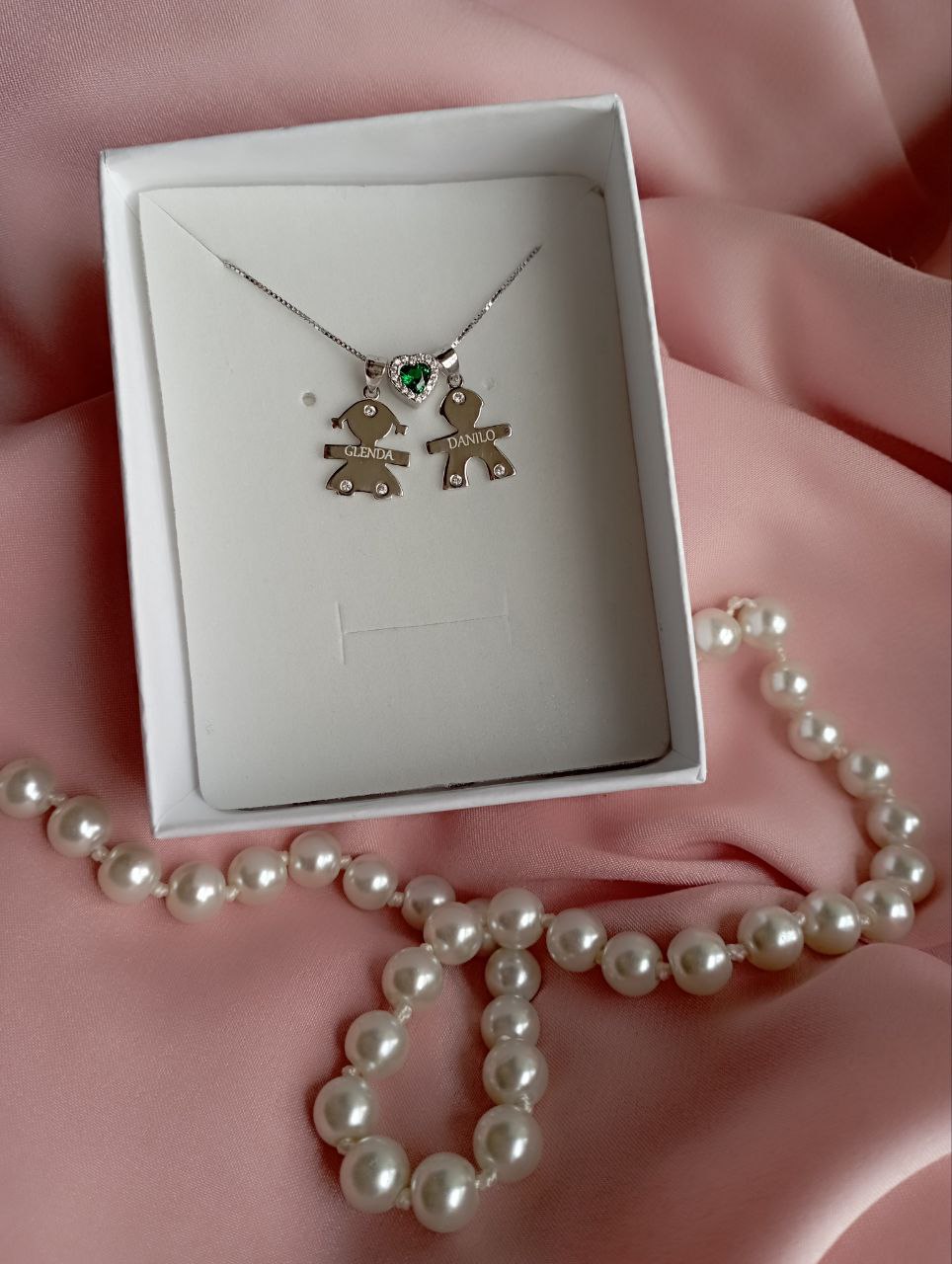 Collana bimba+cuore verde+ bimbo - argento 925