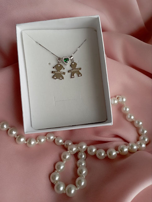 Collana bimba+cuore verde+ bimbo - argento 925