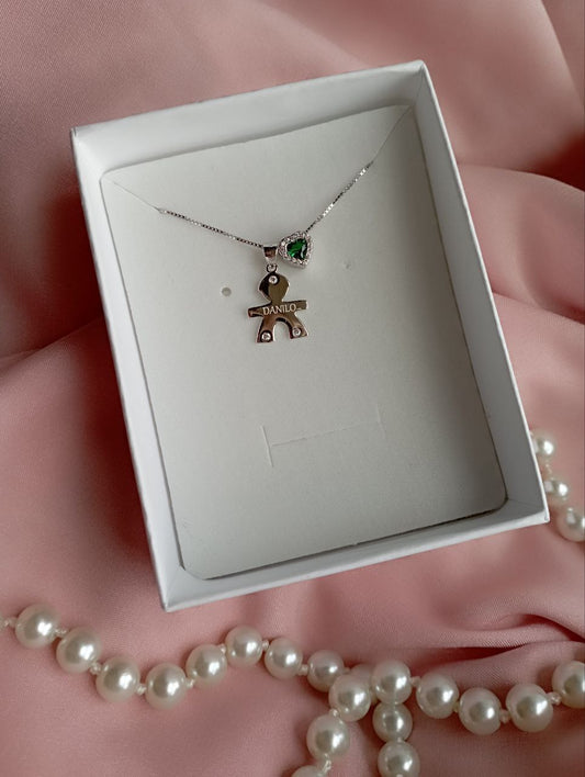 Collana bimbo e cuore verde - argento 925