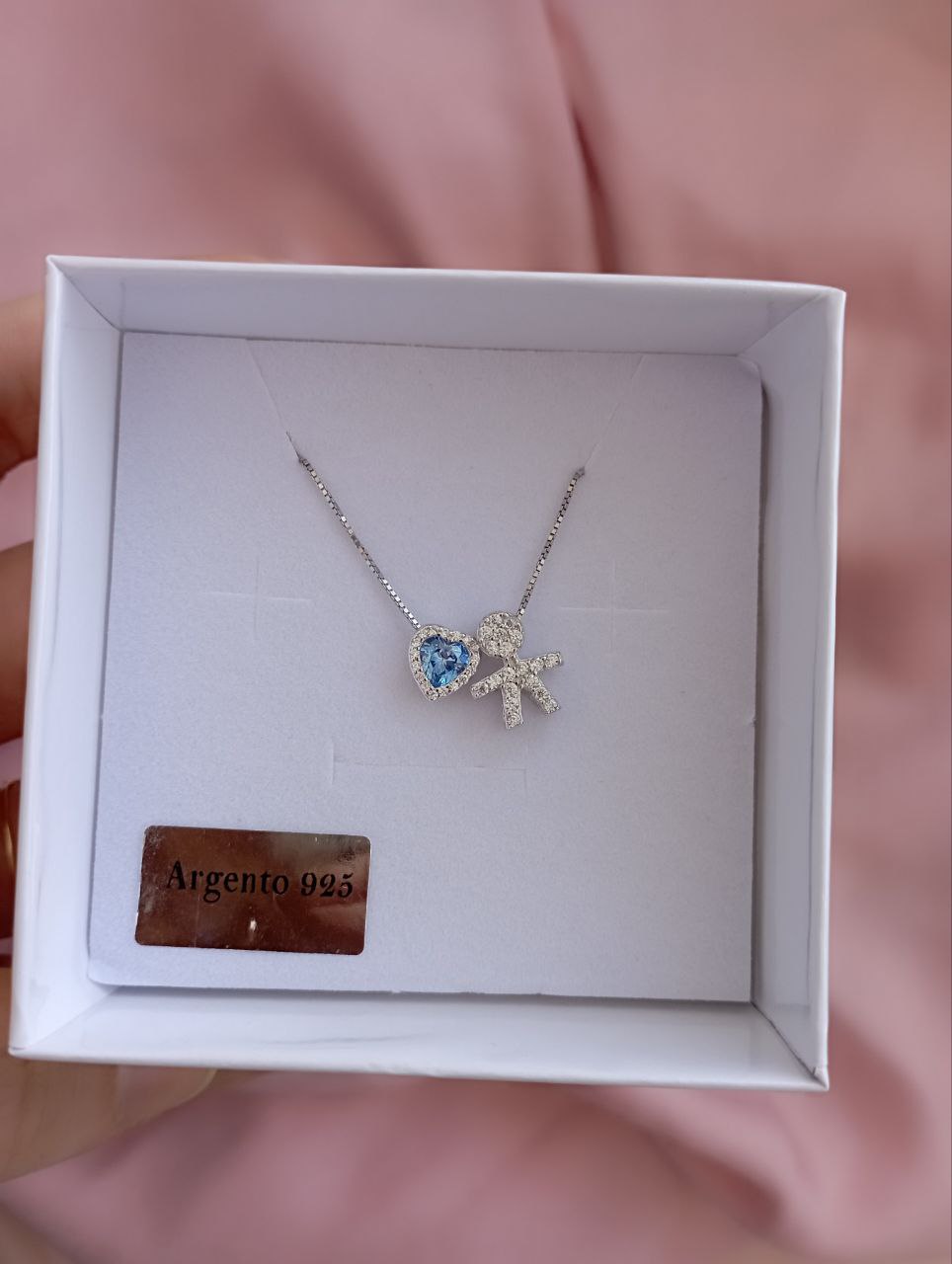 Collana cuore azzurro passante   + bimbo passante - argento 925