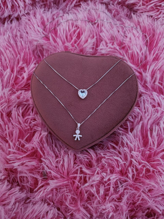 Set due collane diversa misura con bimbo e cuore acquamarina