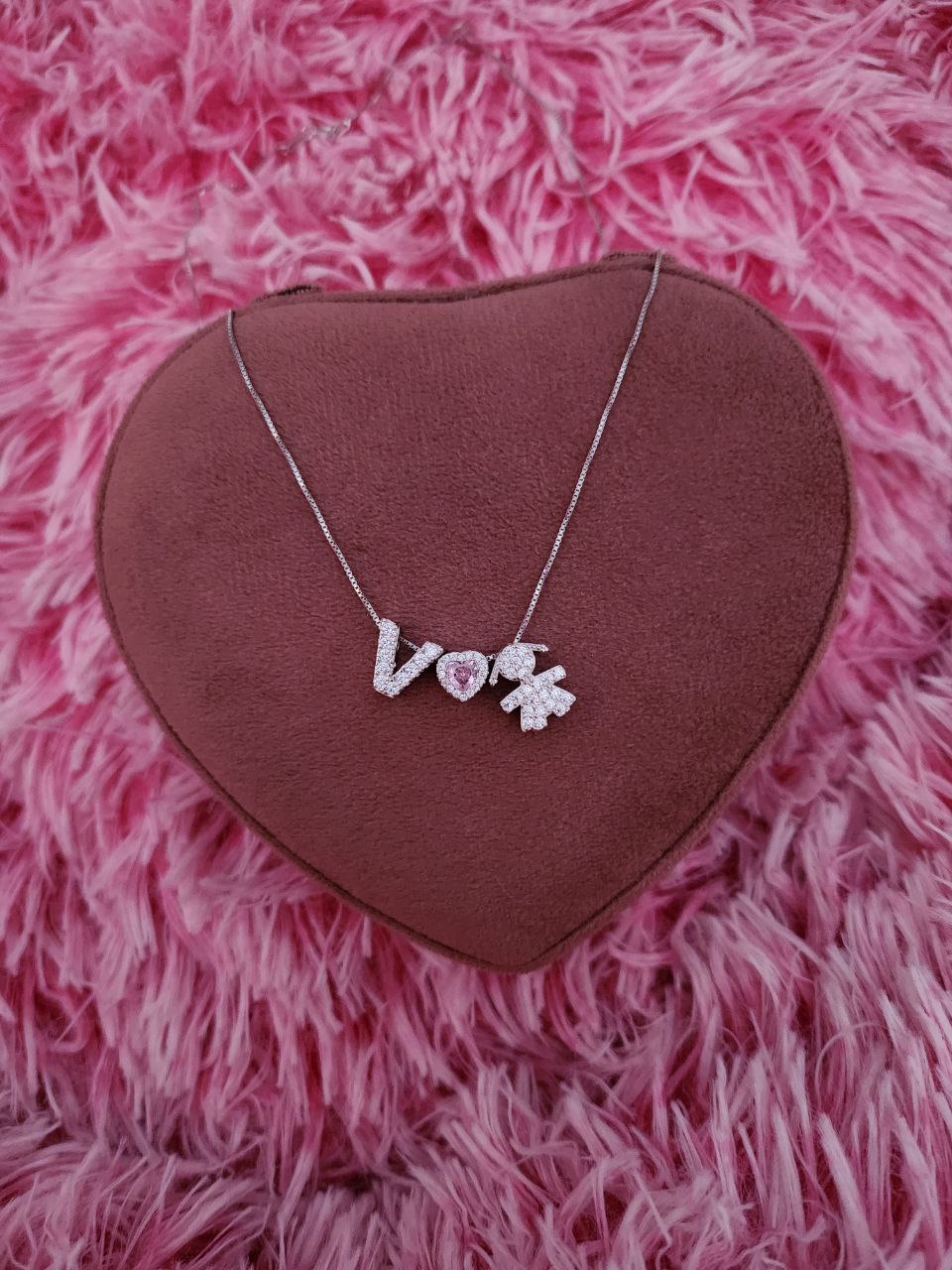 Collana con inziale-cuore rosa - bimba passanti - argento 925