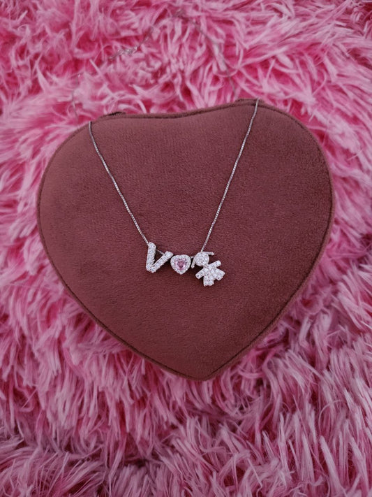 Collana con inziale-cuore rosa - bimba passanti - argento 925