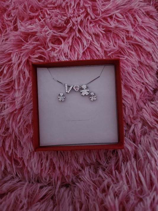 SET Collana con inziale-cuore rosa - bimba passanti e orecchini  - argento 925