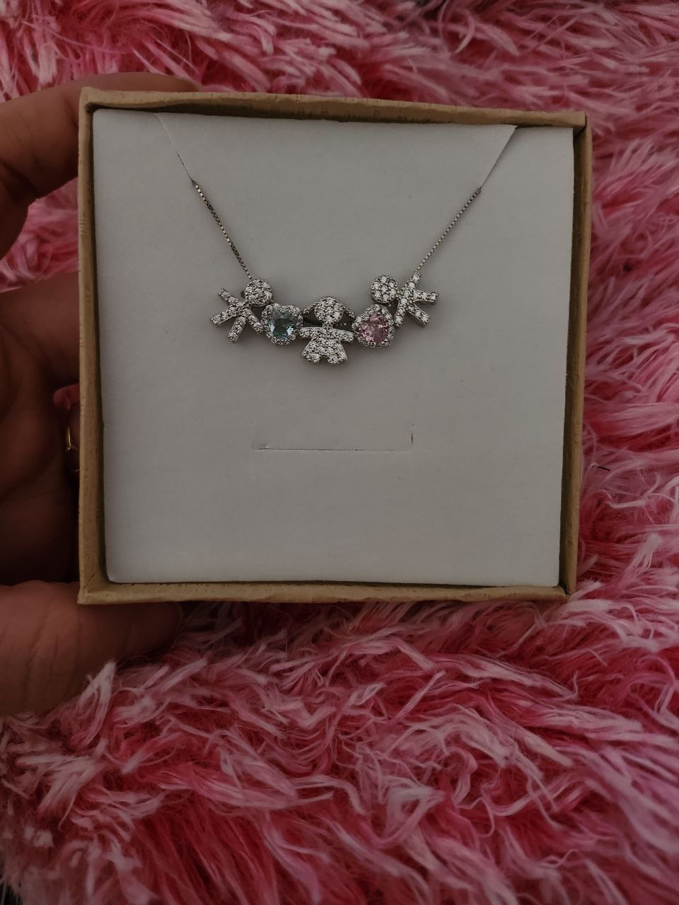 Collana  3 bimbi e cuori  acquamarina e rosa - argento 925