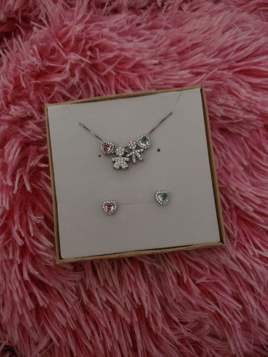 Set 4 ciondoli e orecchini colore acquamarina e rosa - argento 925