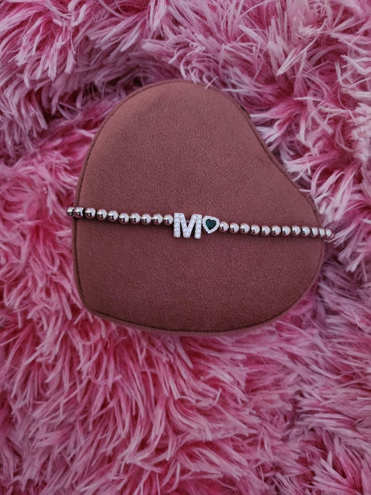 Bracciale perline con iniziale e cuore  - argento 925