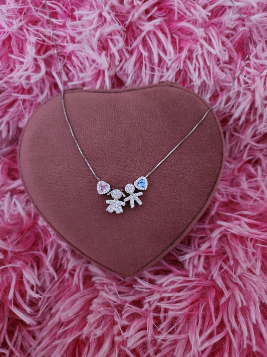 Collana due bimbi e due cuori passanti - argento 925