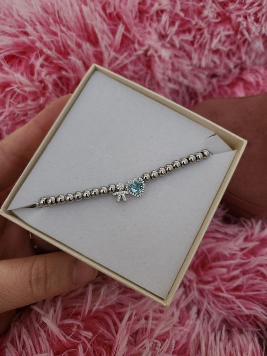 Bracciale perline con bimbo e cuore acquamarina grande - argento 925