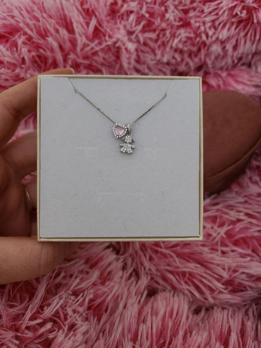 Collana con cuore rosa passante e bimba pendente - argento 925
