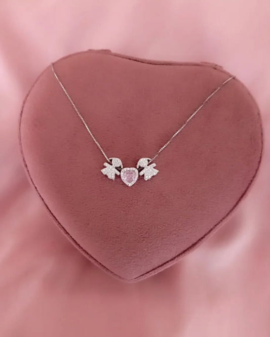 Collana con due bimbe femmine e cuore rosa passanti  - argento 925