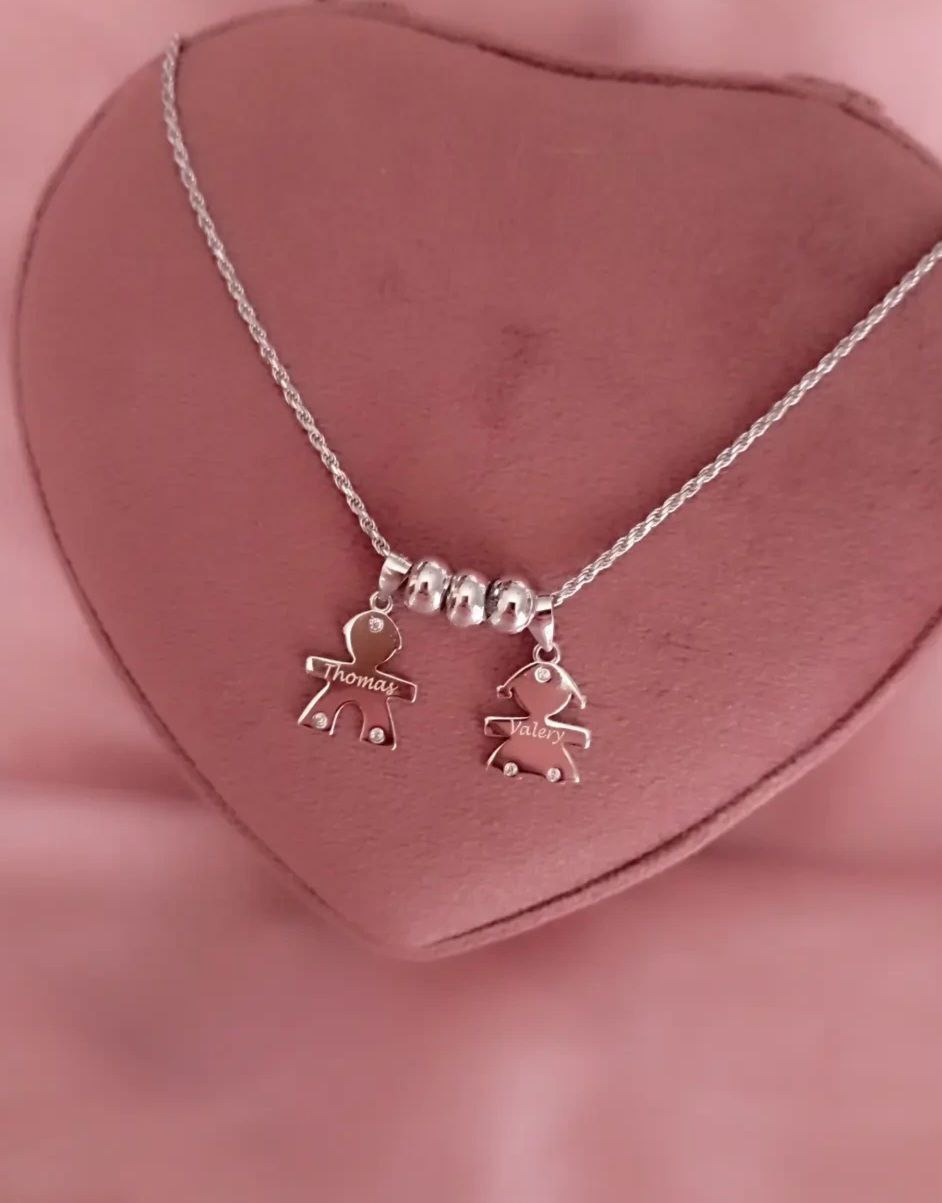 Collana torchon con bimba e bimbo personalizzato - argento 925