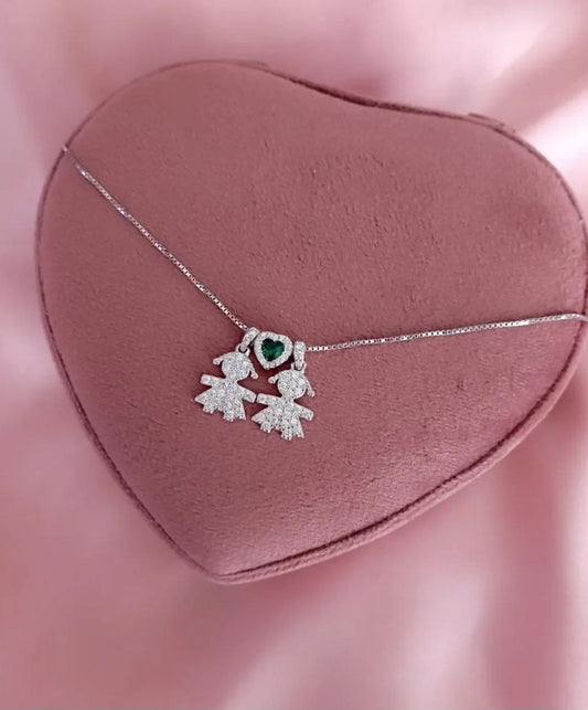 Collana con due bimbe e cuore verde - argento 925