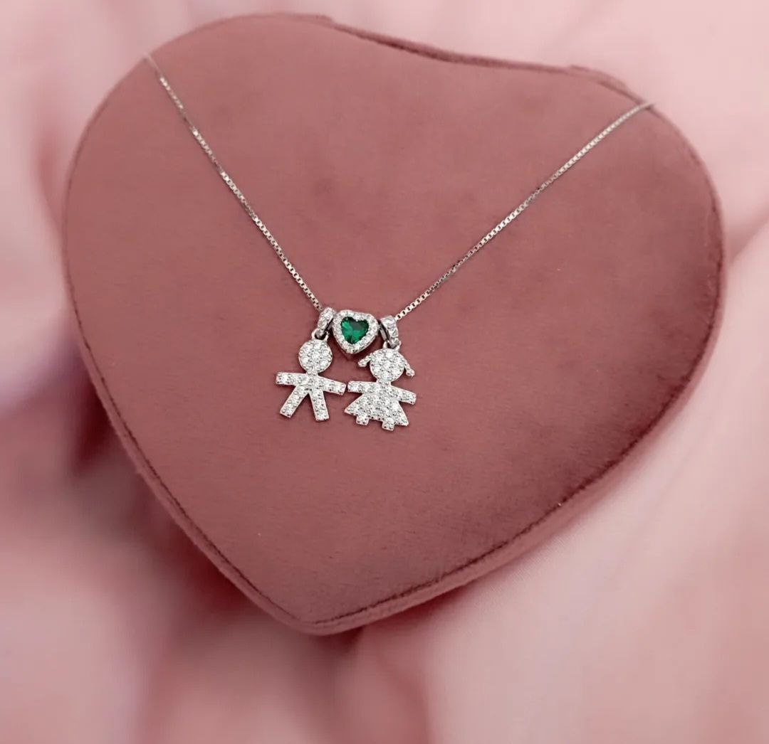 Collana con bimba e bimbo e cuore verde - argento 925