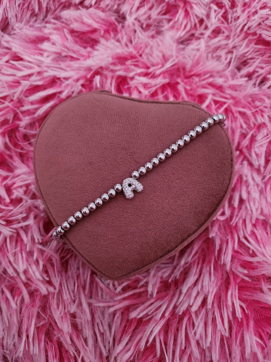 Bracciale perline con letterina da personalizzare silver