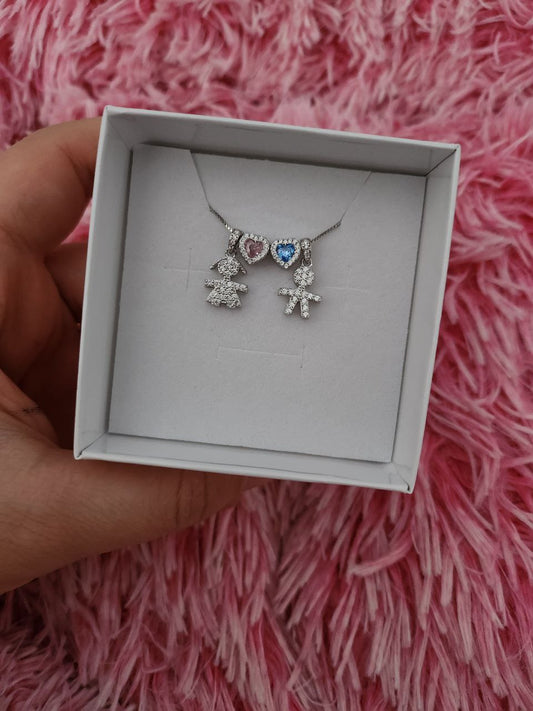 Collana bimbo e bimba pendenti con due cuori passanti al centro - argento 925