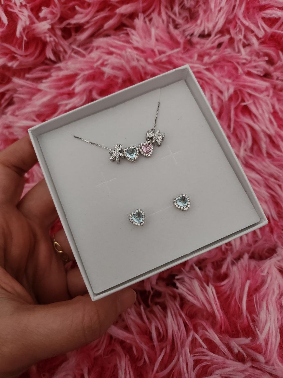 Set collana con bimbo e bimba e cuori + orecchini acquamarina - argento 925