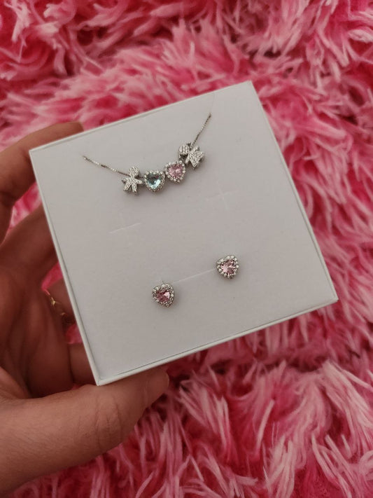 Set collana con bimbo e bimba e cuori + orecchini rosa - argento 925
