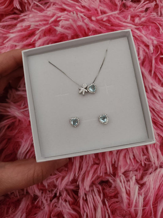 Set collana bimbo e cuore acquamarina + orecchini acquamarina - argento 925