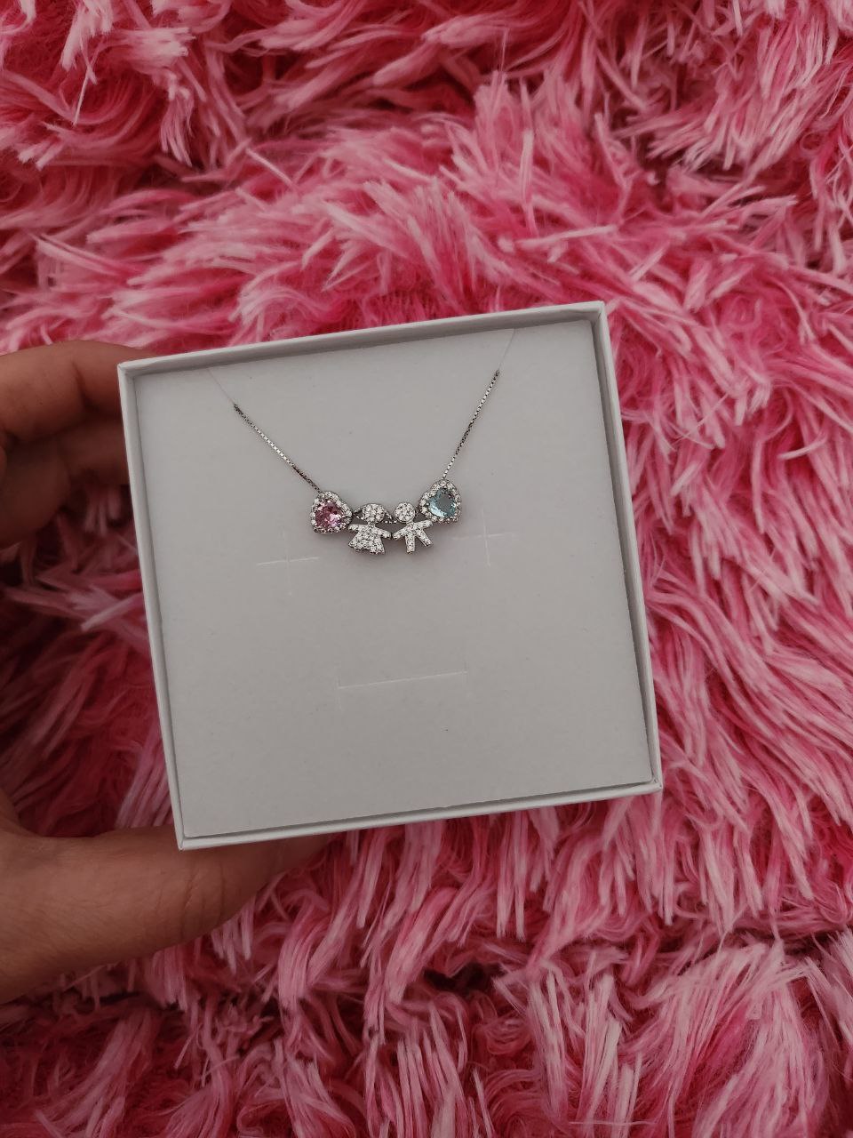 Collana con due bimbi e due cuori esterni - argento 925