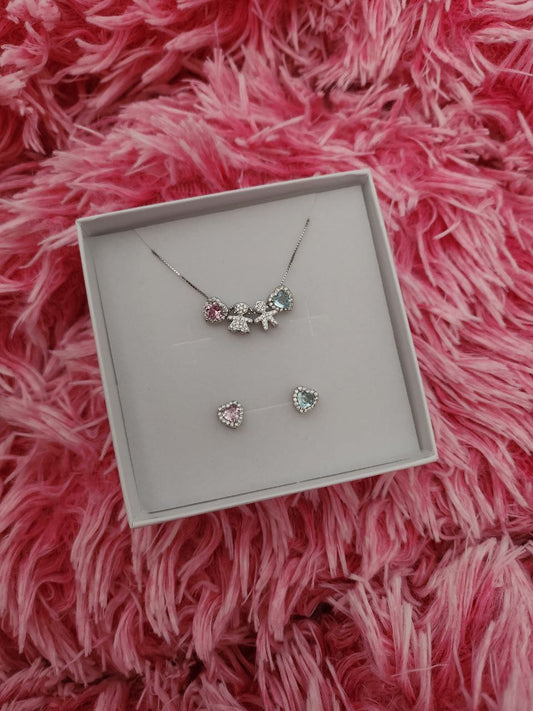 Set collana con bimbo e bimba e cuori + orecchini alternati - argento 925