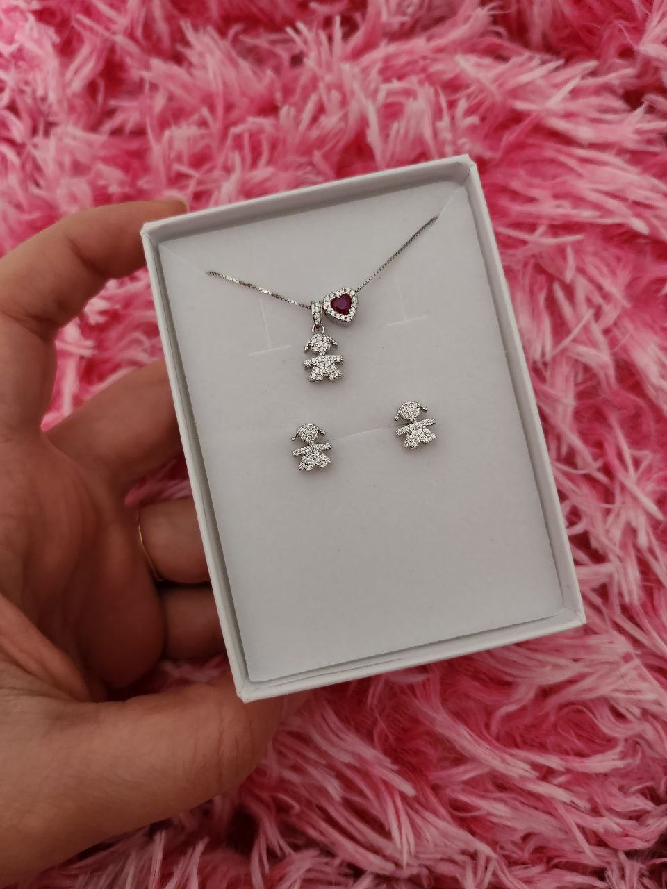Set: collana bimba-cuore rosso  e orecchini bimba - argento 925