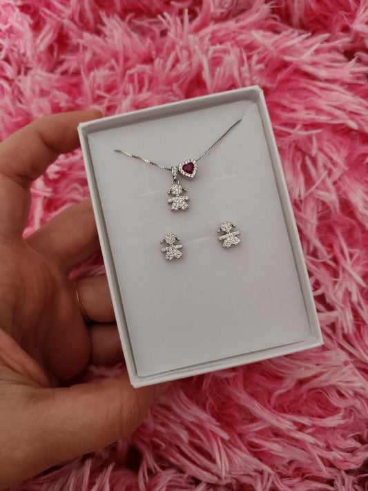 Set: collana bimba-cuore rosso  e orecchini bimba - argento 925
