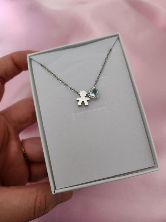 Collana bebé  maschio con cuore acquamarina