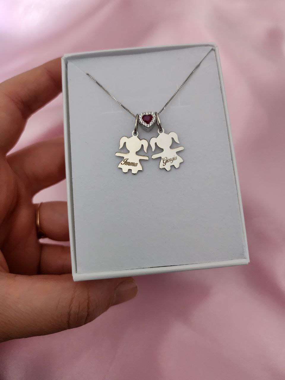 Collana due bimbe personalizzate e cuore fucsia - argento 925