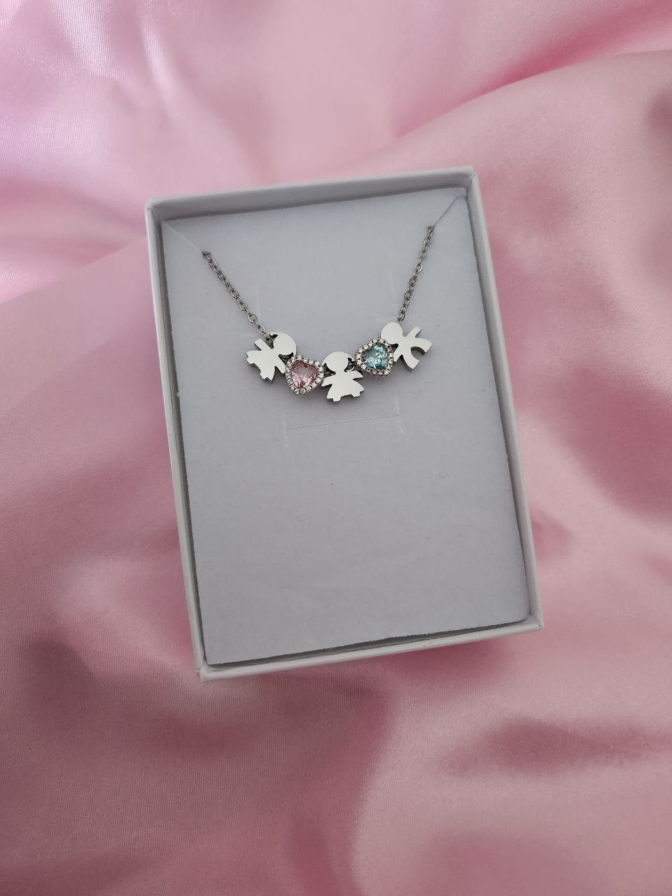 Collana con bimba-cuore rosa-bimba-cuore acquamarina- bimbo