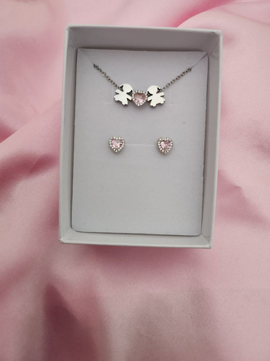 Collana con bimba-cuore rosa-bimba  e orecchini rosa