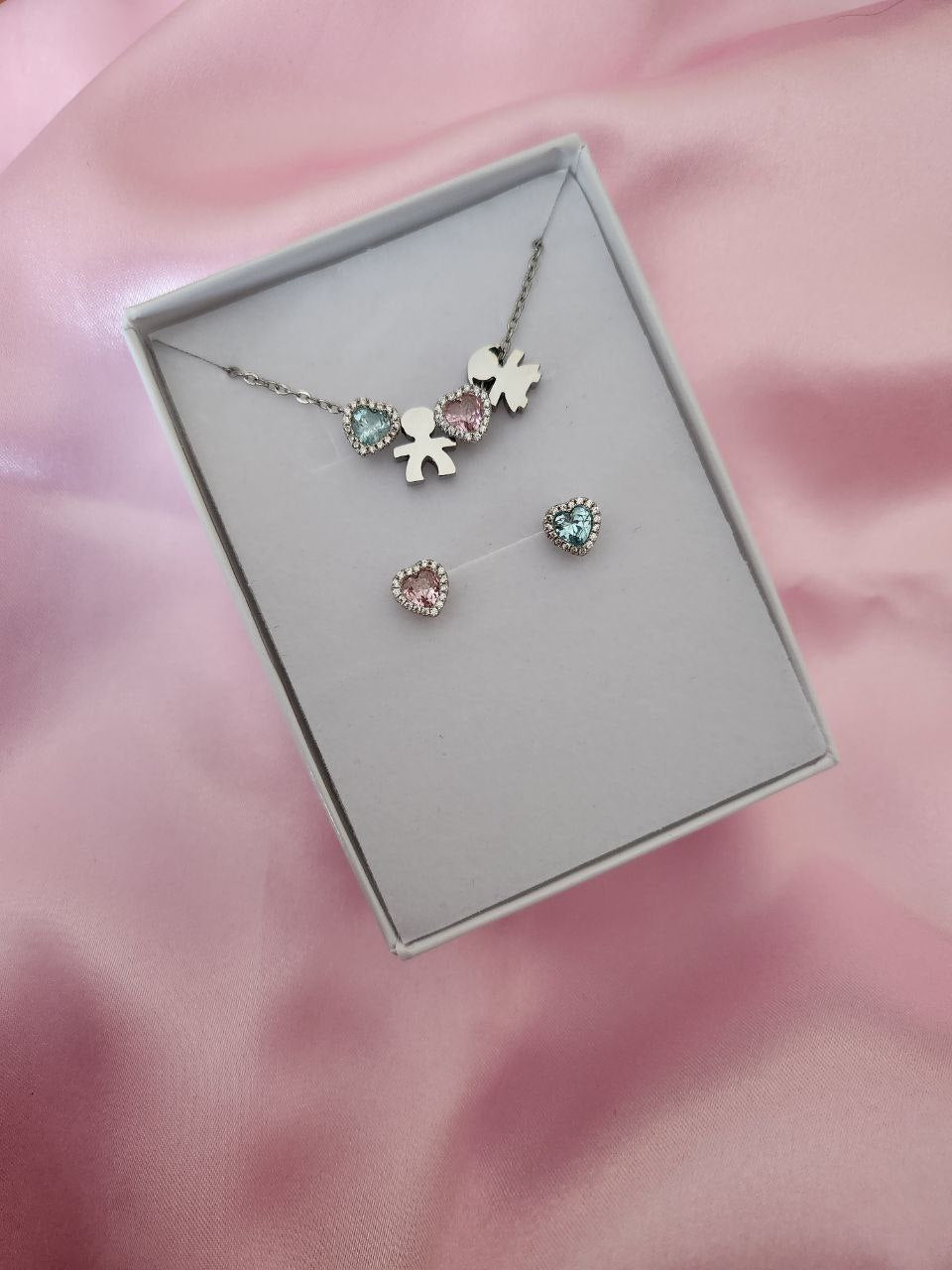 Collana con cuore acquamarina-bimbo-cuore rosa-bimba + orecchini