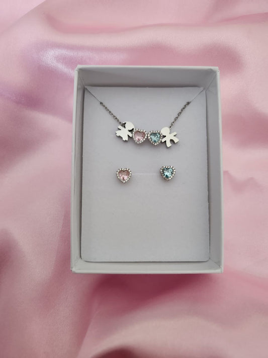 Collana con bimba - cuore rosa-cuore acquamarina-bimbo + orecchini