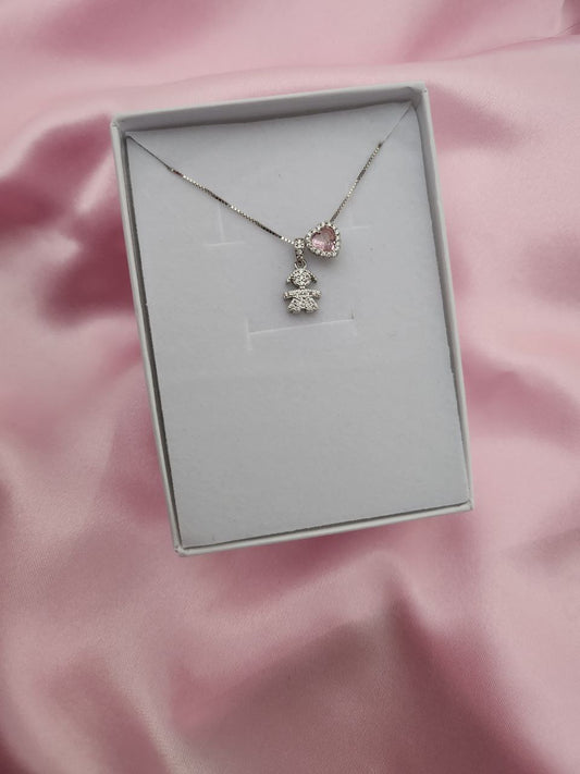 Collana con bimba pendente- cuore rosa - argento 925
