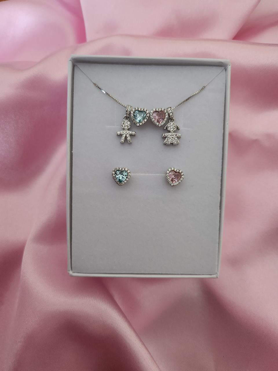 Set collana bimbo-cuore acquamarina-cuore rosa - bimba - argento 925