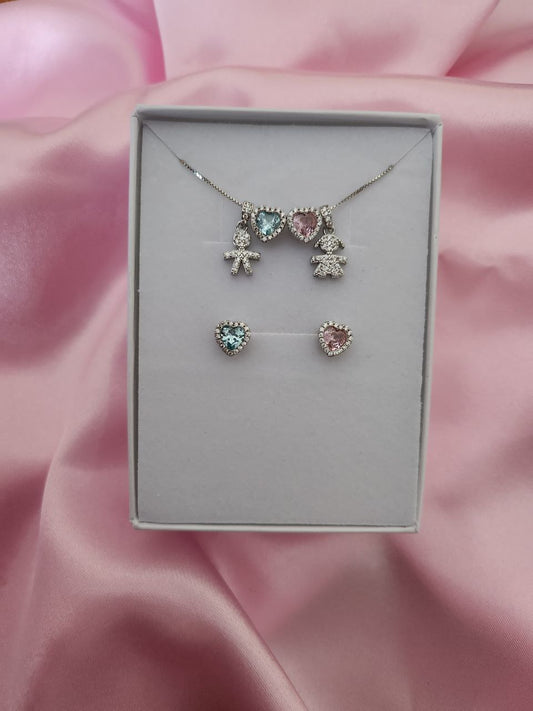 Set collana bimbo-cuore acquamarina-cuore rosa - bimba - argento 925
