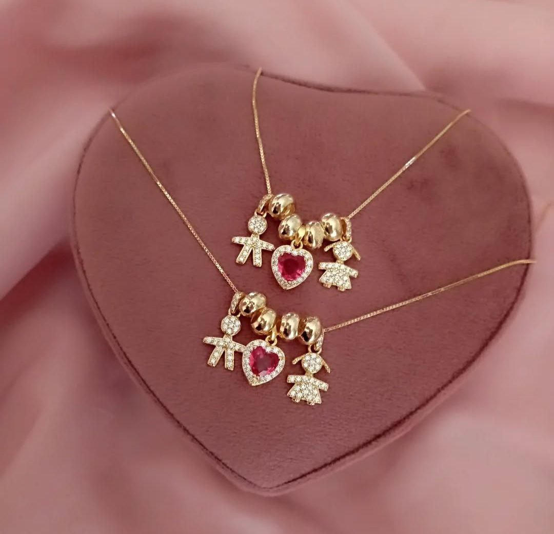 Collana due bimbi e cuore rosso con ciambelline - argento 925 gold