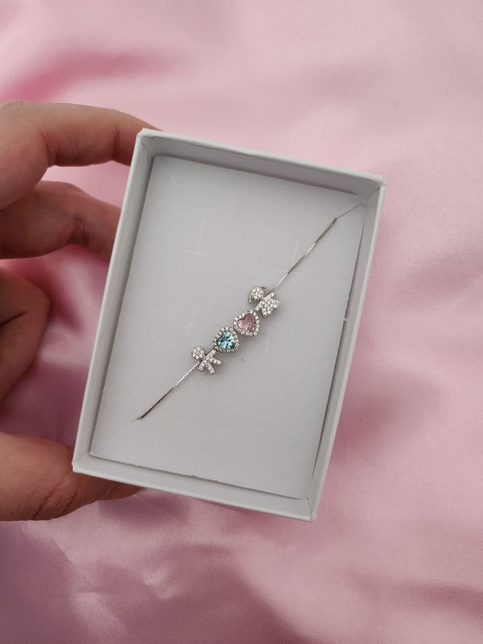 Bracciale veneziana con due bimbi e due cuori colorati  - argento 925